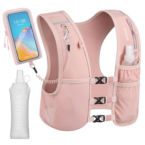 MOKURA Running Vest for Women Men Reflective Hydration Vest with 500ML Soft Flask & Phone Holder Lightweight Running Backpack Adjustable Run Pack Water Bottle Runner Hiking Essentials Pink