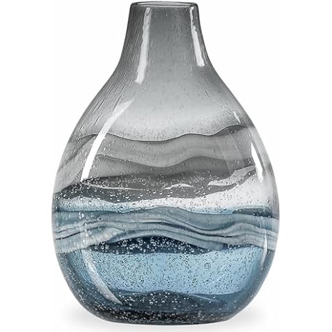 Torre & Tagus Andrea Mouth Blown Glass Vase for Home Decor - 11" Tall Large Blue Glass Vase for Centerpiece, Handmade Blue Vases for Decor in Coastal Living Room, Entryway, Bedroom Cover