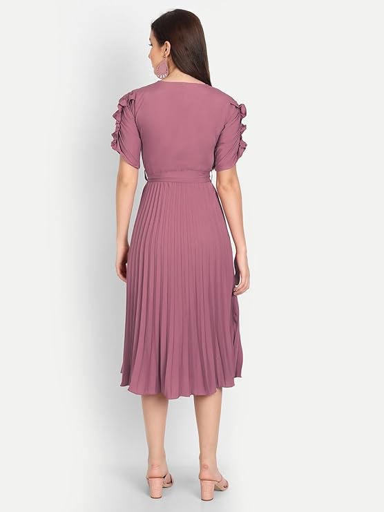 Image of KUDUZO Women's Crepe Mauve Color V Neck Designer Short Sleeve Knee Length Pleated Dress Size S to XL (5H-1D5M-YD5L)