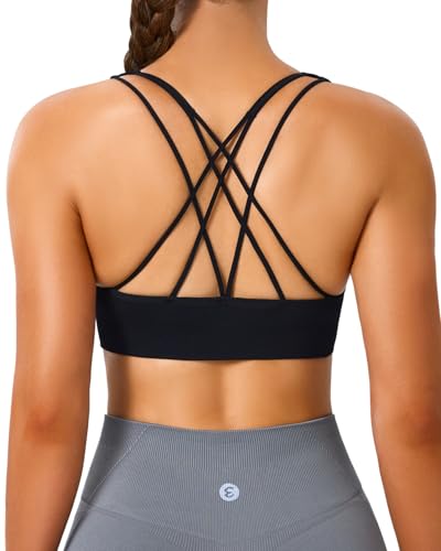 Image of Women's Cross Back Sport Bras, Seamless Padded Strappy High Support Yoga | Removable Pads, 4-Way Stretch, A-DD Cup, Full Coverage, Scoop Neck, Cropped Bra, Sweat-Wicking, Pull-on, for Yoga Gym Workout