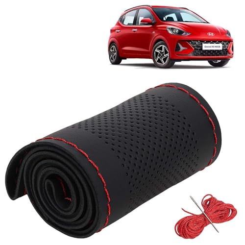 Image of KINGSWAY PU Leatherite Car Steering Cover Sewable Compatible with Hyundai Grand I10 Nios (Year 2023 Onwards), Black Color with Red Thread, Pack of 1 with Sewing Needle and Thread
