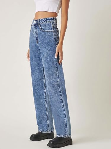 Image of KOTTY Women's High Waist Wide Leg Button Coin Pocket Straight Fit Jeans Stylish Regular to Plus Size Fit Denim Jeans for Women