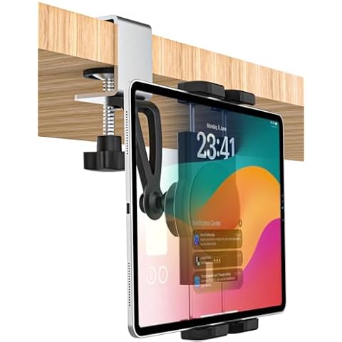 GDZN Kitchen Cabinet Tablet Holder, [C-Shaped Metal Clamp] Under Cabinet Tablet Mount with 360° Rotation for iPad Pro 11 12.9 Air Mini, Galaxy Tabs, Z Fold, Fire, E-Reader, Switch, 4-13" Devices Cover