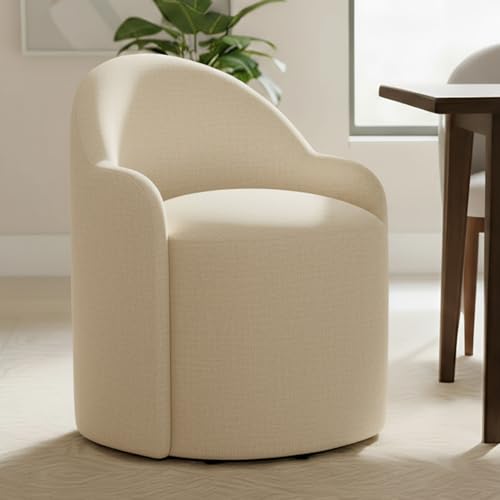 Image of KISLOT Upholstered Dining Chairs with Casters, No Assembly Modern Dining Room Chairs Accent Vanity Chair with 5 Wheels & Round Backrest for Bedroom, Living Room, Dressing, Sand Fabric, Set of 1