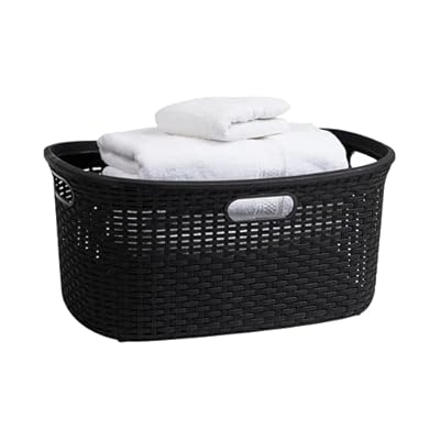 Mind Reader 40L Laundry Basket, Clothes Hamper, Wicker Design, Plastic, 23"L x 14.5"W x 11"H, Black
