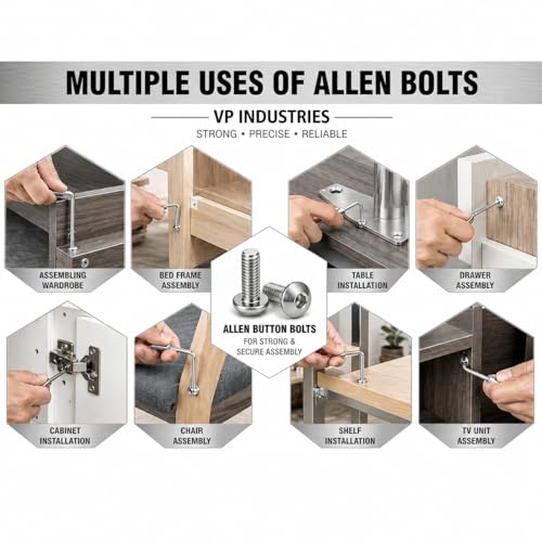 Image of By VP INDUSTRIES (Pcs-15) M8x35 mm Allen Button Head Cap Screw Stainless Steel | Round Mushroom Allen Head Bolt with Allen Key (1 Pc) for Furniture Assembly & DIY Applications