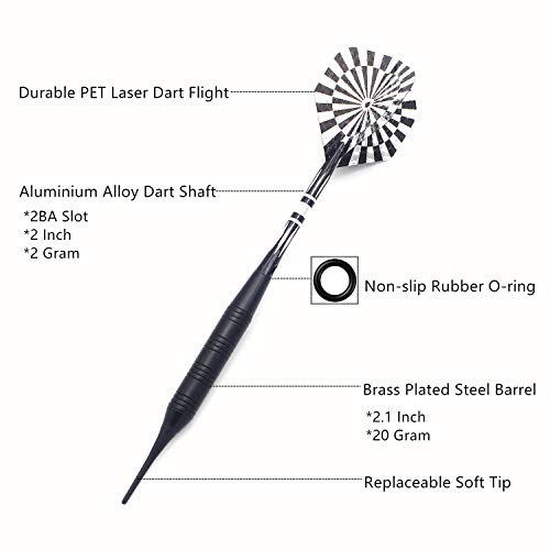 Roobeeo Soft Tip Darts Set For Electronic Dart Board 22G Plastic Tip Darts Set With Brass Barrels&Aluminum Shafts, 6 Flights 3 Spare Plastic Dart Shaft 20 Soft Tips Portable Case (22G-Silver&Black) #TOP1