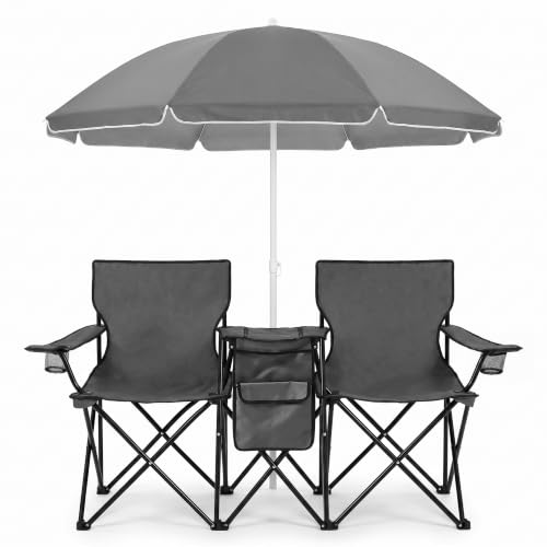 Silla de Camping Plegable Doble con Sombrilla Portátil para Picnic