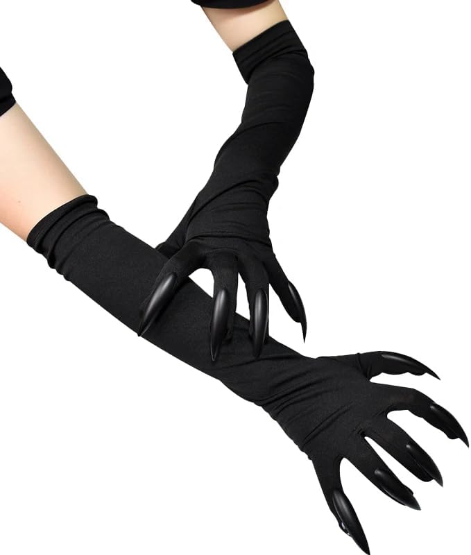 MDGFGE Halloween Catwoman Long Nail Claw Gloves - Paw & Devil Claw Gloves with Long Fingernails - Black Sleeve Cat Claws for Women & Girls - Cosplay Party Props