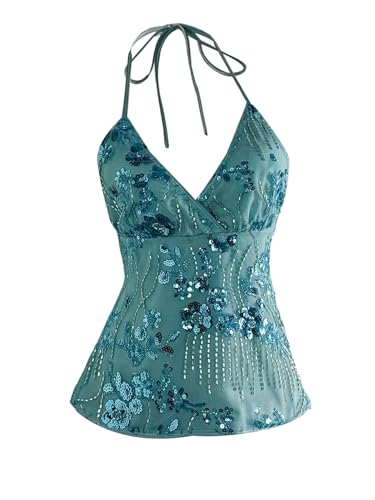 SweatyRocks Women's Sequin Tops Mesh Floral Embroidery Y2K Halter Top