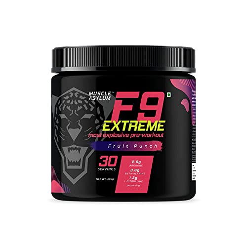 Muscle Asylum F9 Extreme Pre-Workout Energy Supplement powder | High Caffeine + Beta Alanine + EAA- Creatine Free – 30 Servings, Pack of 300gm Muscle Asylum F9 Extreme Pre-Workout Energy Supplement powder | High Caffeine + Beta Alanine + EAA- Creatine Free – 30 Servings, Pack of 300gm