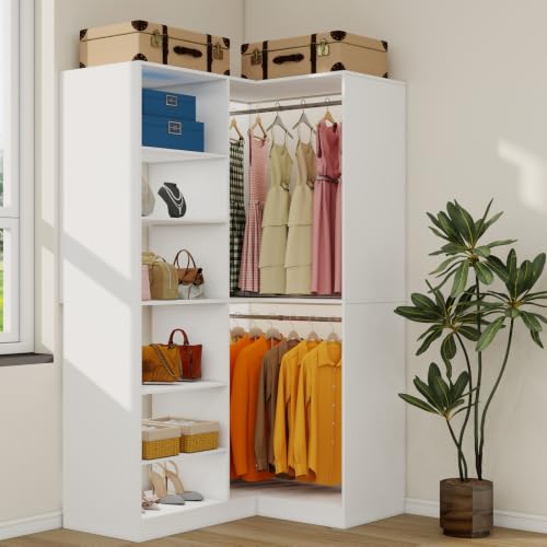 Image of Corner Walk in Closet System with 6 Shelves & 3 Hanging Rods, 81 inch Tall Corner Closet Organizer Tower, Wooden Closet Storage Cabinet with Rod, White