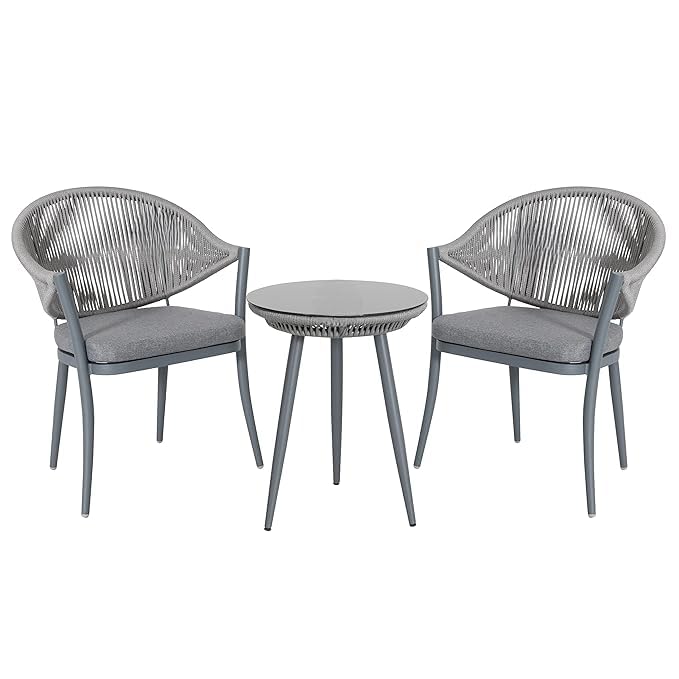 3-Piece Outdoor Balcony Garden Furniture Set with Patio Coffee Table and Two Rope Braid Chairs with Cushions for Balcony Terrace Lawn Patio Garden and Outdoor Living Comfortable Seating Furniture Set 2