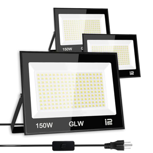 GLW LED 150W Flood Light IP66 Waterproof Super Bright Work Lights,13,000lm 6500K Daylight White Outdoor Spotlight for Garage,Playgrounds,Parking Lot（3 Pack）