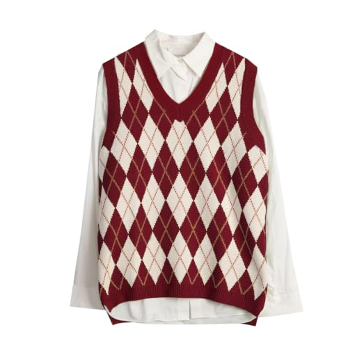 Image of Sweater Vest Women,Sleeveless V Neck Argyle Plaid Long Preppy Loose Knitted Casual School Sweaters Tank Top