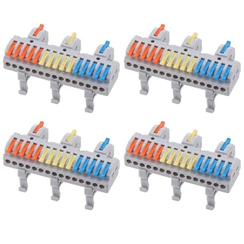 SHUATI 4pcs Terminal Blocks, 600 Volts Quick Connect 3 in 15 Out DIN Rail, Wire Splicers 28-12AWG Power Terminal for Circuit Inline