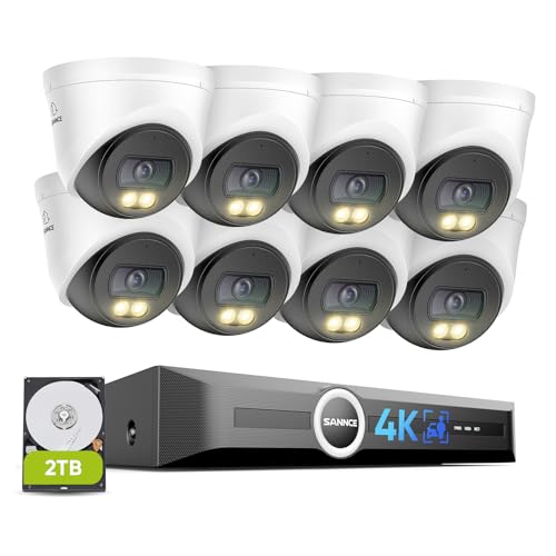SANNCE 4K PoE kamera monitoringowa zewnętrzna, zestaw maskowania prywatności, 8 MP, 8-kanałowy NVR z 2 TB HDD 8 PoE kamera z kolorowym noktowizorem, inteligentne rozpoznawanie osób/pojazdu, nagrywanie