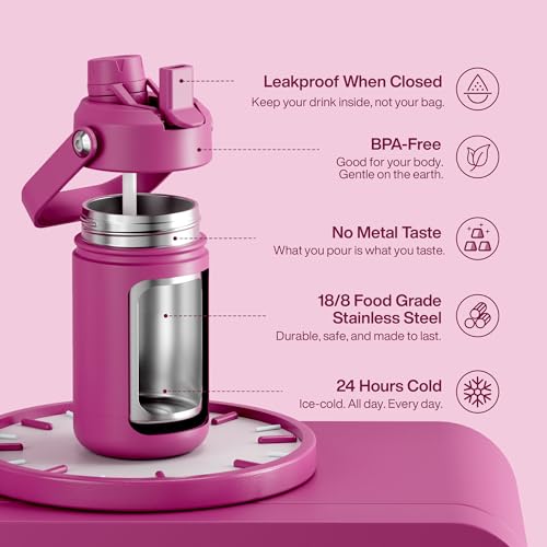 Image of Kids Insulated Water Bottle with Straw - 12oz Stainless Steel Water Bottle with Dual Spouts, Leak-Proof, BPA-Free, Double Wall Vacuum Keeps Cold for 24 Hours for Sports, Travel, School (Turkish Rose)