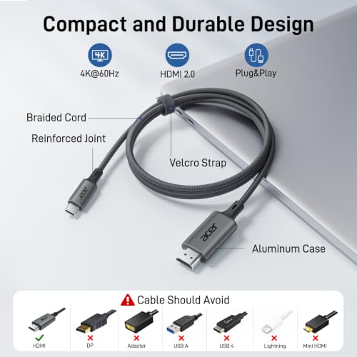 Image of Acer USB C to HDMI Cable for Home Office 3.3FT (4K@60Hz), High-Speed Type C to HDMI 2.0 Braided Cord, Thunderbolt 4 /3 Compatible with MacBook, iPhone 16 /15 Pro /Max, iMac, iPad Pro, Galaxy S24, Surface