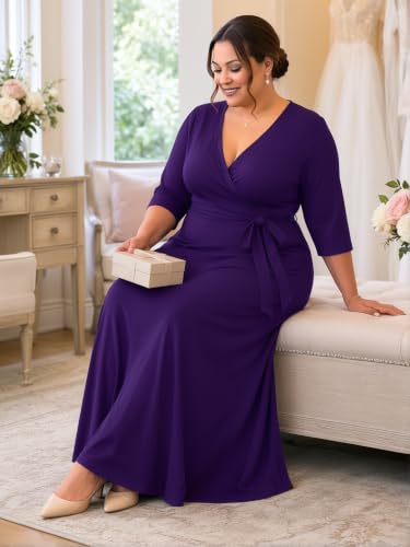 Image of SUZONANA Plus Size Maxi Dresses for Curcy Women Casual Loose 3 /4 Sleeve Long Dress with Belt
