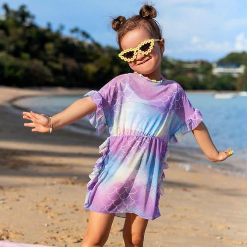 Little Girl Beach Cover Up Dress Ruffle Sleeves Mermaid Scale Swimsuit Cover Up Kids Bathing Suit3