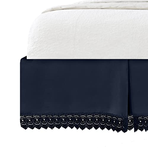 Elegant Comfort Narina Collection Lace Bed Skirt 15inch Drop, 1500 Thread Count Egyptian Quality, Sophisticated Design for a Vintage Look- Easy Care and Wrinkle Resistant, Lace Bedskirt, Queen, Navy