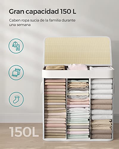Miniatura 5 de Songmics Cesto Ropa Sucia, 150 L, Cesta Ropa Sucia 3 Clasificaciones, Con Tapa, Bambú, Con Asas, Plegable, Bolsa Interior Extraíble Y Lavable A Máquina, Para Lavandería, Dormitorio, Blanco Lcb091w01