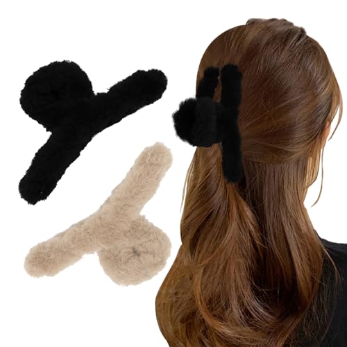 2Pcs Fuzzy Hair Clips Plush Hair Clamp for Thick Thin Hair Large Nonslip Faux Fur Hair Claw Clips Cute Hair Clips for WomenBlack Light Brown