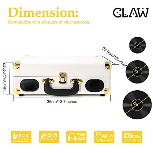 Image of Claw Stag Portable Vinyl Record Player Turntable with Built-in Stereo Speakers, Volume Control Knob, AUX Input and RCA Output, 78 RPM Speed, High Qualiy Diamond Stylus and Headphone Jack (White)