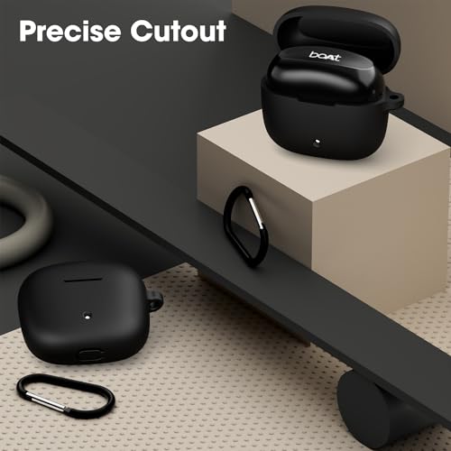 Image of Sounce Earphone Case Cover Compatible for Boat Airdopes 200 Plus, Soft Silicone Skin Case Cover Shock-Absorbing Protective Case with Keychain - Black