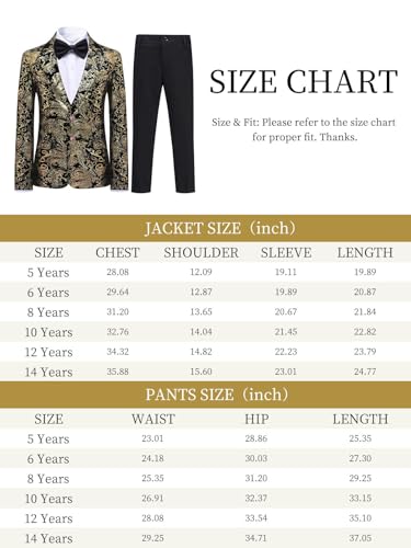Boyland Boys Jacquard Suit Slim Fit Tuxedo Suits Jacquard Notch Lapel Tux Jacket Pants Party Formal Wear Golden Black thumb #5