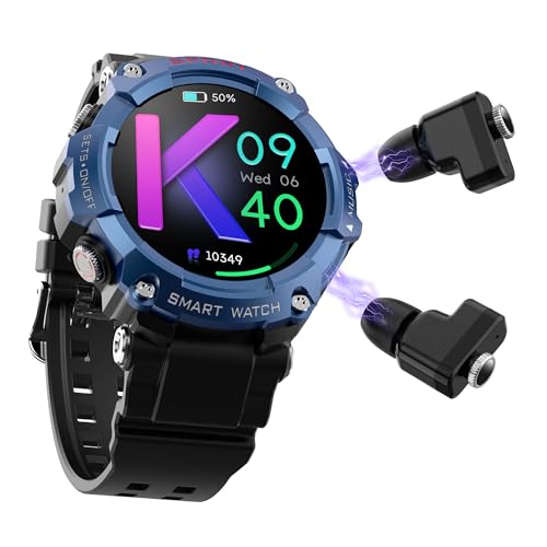 Ateclouds Reloj inteligente militar con auriculares para hombre, llamadas Bluetooth que puede responder y hacer llamadas, rastreador de fitness deportivo, 100 modos deportivos, esfera de reloj