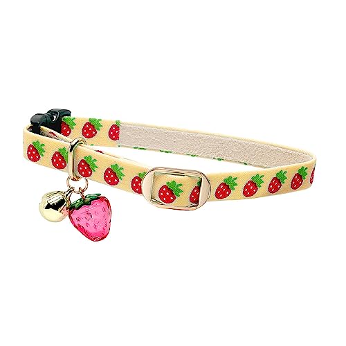 PetSoKoo Cute Cat Collar With Bell and Strawberry Charm.100% Cotton.Safety Breakaway Soft.For Girl Boy Male Female Kitten Collar