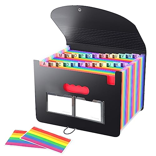 Dokumentenmappe A4 26 Fächer, Sortiermappe Fächermappe Datei Organizer mit Netztasche und Bunten Labeln, Bunte Datei Ordner Regenbogen Aktenordner Ordner Akkordeon Design