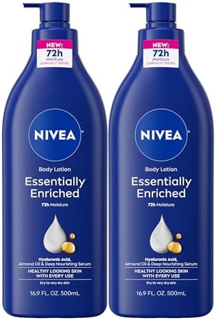 Amazon.com : NIVEA Essentially Enriched Body Lotion for Very Dry Skin with Hyaluronic Acid, Almond Oil and Deep Nourishing Serum, 72-Hour Body Moisturizer, 16.9 Fl Oz Pump Bottle, Pack of 2