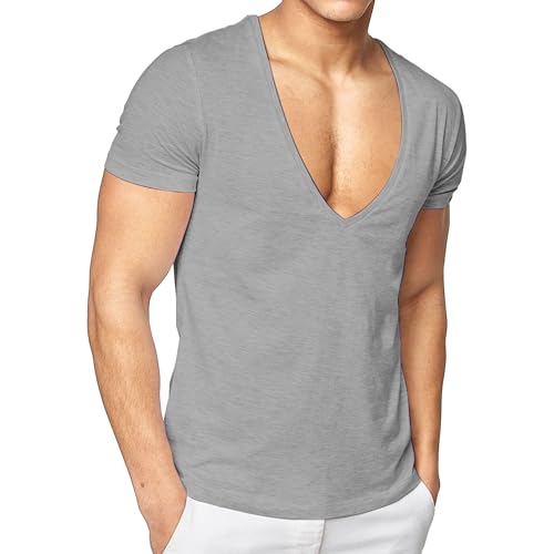 Men Casual Fitness Sports Cotton Shirts Absorbs Sweat Deep V Collar T Shirt Summer Classic Slim Fit Pullover Tops (Grey,Medium)