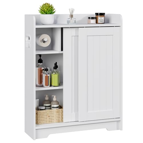 Image of Kaukinye Bathroom Floor Cabinets, Slim Bathroom Storage Cabinet with Sliding Door, Ideal for Toilet Paper Holder, Adjustable Shelves, Next to Toilet Solid Cabinet for Bathroom,Kitchen,White