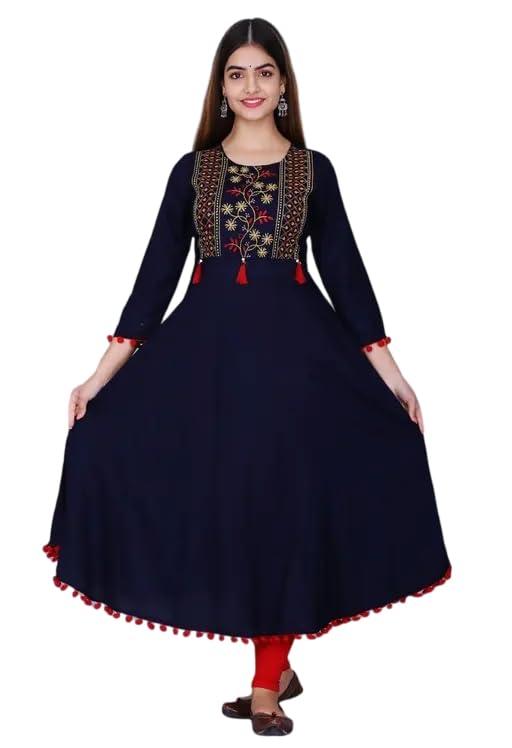 Raj Fashion Women's 3/4th Sleeves Round Neck Rayon Solid Calf Length Anarkali Ethnic Long Gown-picture-21