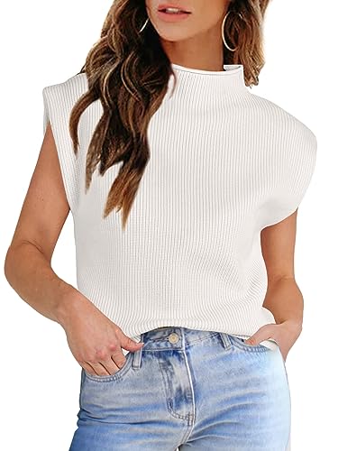 Image of Womens Sleeveless Sweater Vest Turtleneck Ribbed Knit Tank Tops Basic Slim Fit Top