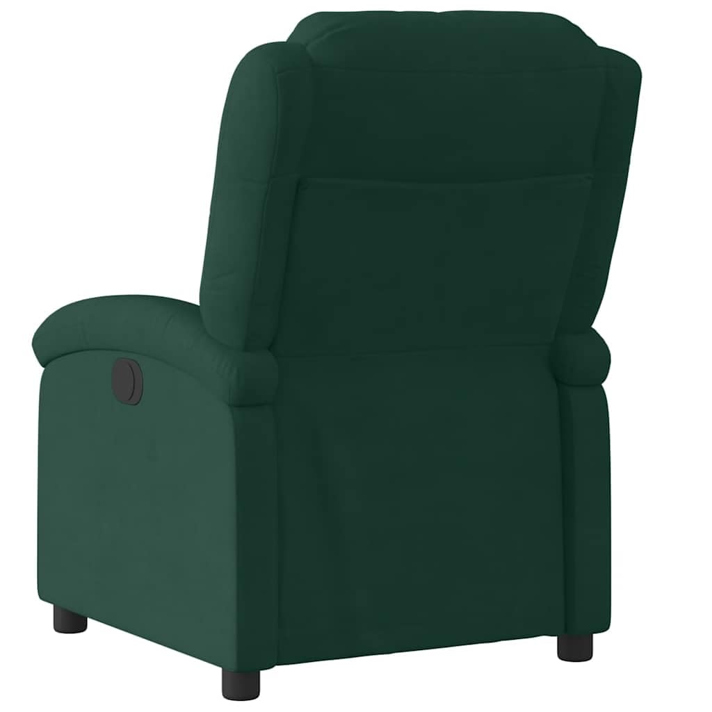 Fotel relaksacyjny, ciemnozielony aksamit z ręczną funkcją leżenia, regulowane oparcie i podnóżek, ergonomiczny fotel tapicerowany z podłokietnikami, rama drewniano-metalowa do salonu i