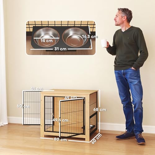 PawHut Hundezwinger Moderner Beistelltisch Haustierhaus mit 2 Türen Schwenkbarer Ständer mit 2 Näpfen und Stahlrahmen für mittlere Hunde 80x60x68 cm Eiche
