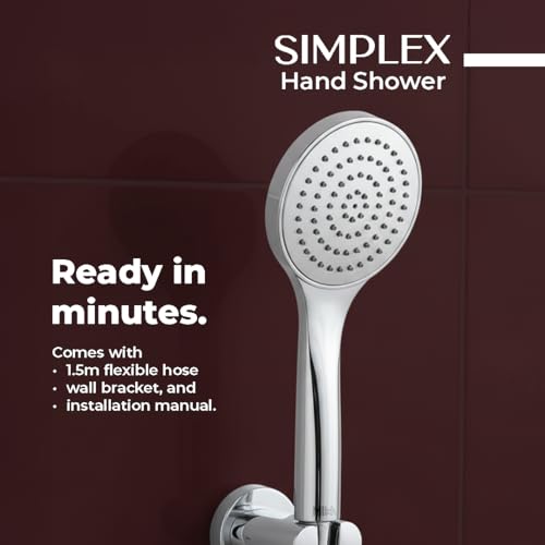 Image of Mila Simplex Single Function Hand Shower Full Spray Mode | Chrome Finish |Modern Design | Includes Hose (1.5m), Bracket & Installation Kit