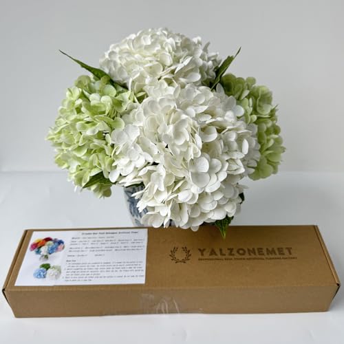 YalzoneMet Artificial Hydrangea Flowers 4 Pcs 2 White 2 Light Green 21 inch Long Rod Real Touch Lifelike Fake Latex Hydrangea Flowers for Home Party Outdoor Wedding Gifts Christmas Table Decoration