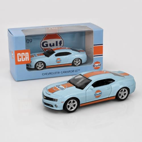 Image of Wizplex CCA Chevrolet Camaro SS Gulf 1:64 Officially Licensed Premium Die Cast Metal Car in Acrylic Display Case - Openable Doors, Collectible Muscle Coupe Showpiece for Collectors & Kids 3+
