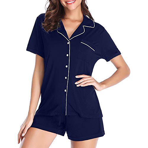 FerDIM Short Sleeve Sleepwear, Lightweight Loungewear Soft Cotton Button Down Night Outfit Pajamas Set PJ Shorts for Women Navy Blue XL Â¡Â­