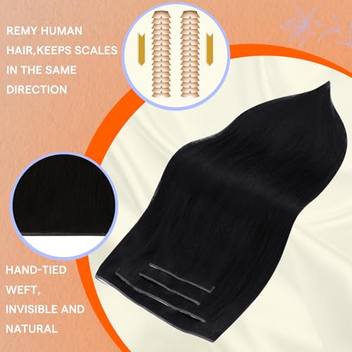 Image of Full Shine Tape in Weft Hair Extensions Human Hair, Natural Black 18 Inch | 90g 4 PCS, Hand Tied Tape in Hair Extensions Human Hair, Seamless Weft, Full Ends, Smooth Movement, Wedding Hairstyles