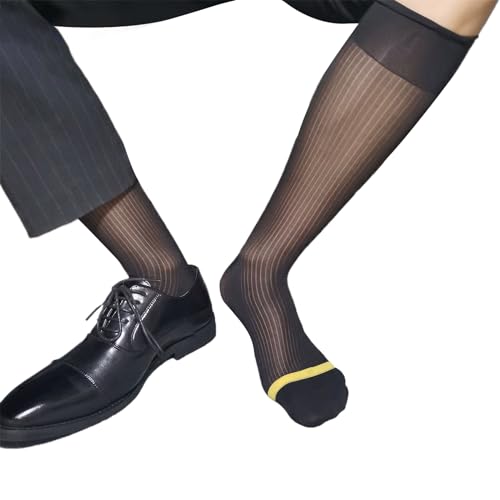 Mens Nylon Sheer Fine Striped Dress Socks Business Socks High Elastic See Through Elegant Formal Dress Tube Stockings