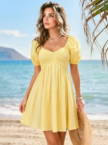 Image of Womens Babydoll Dress 2026 Summer Casual Puff Sleeve V Neck Cute Boho Smocked Flowy Short Sundress Beach Mini Dresses