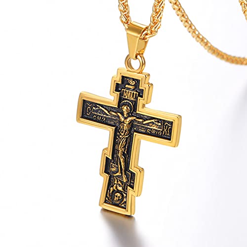 U7 Russian Orthodox Cross Pendant/Praying Hands/Ichthys Sign for Men Women Stainless Steel 18K Gold Plated Jesus Pendant Christian Religious Necklaces, Length 22" Silver Black Gold2
