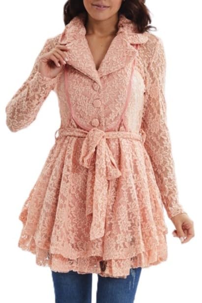 Women's Flared Lace Trench Coat, Long Sleeve, Belted Waist, Coral Pink/Peach